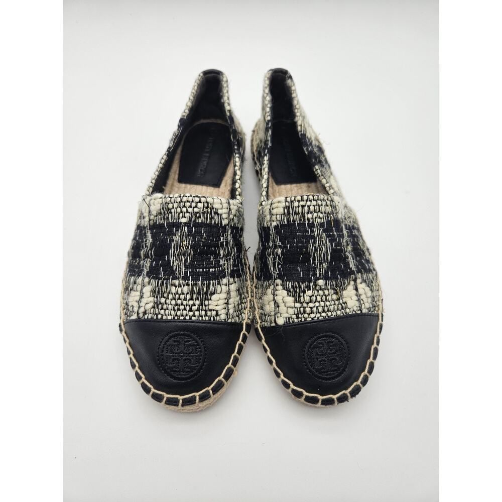 Tory Burch Logo Espadrille Flats Black Ivory Tweed Round Toe Slip-On sz 6.5